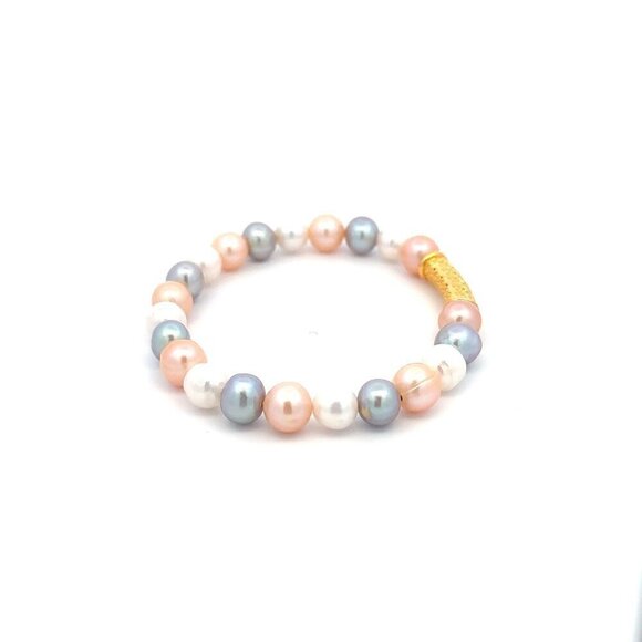 18K Gold Tube Lucky Charm Bracelet Gemstones Multicolor Pearl 6.5mm - 7.5mm - Picture 2 of 4